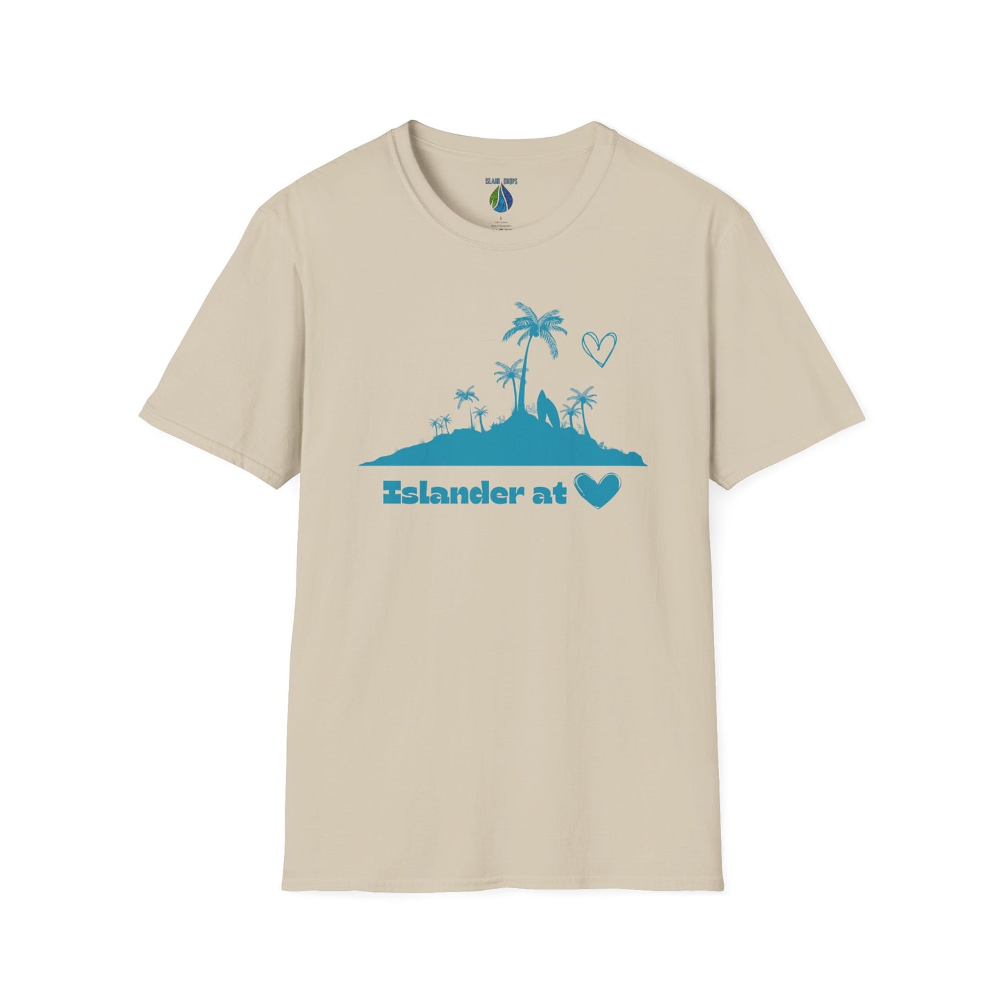 Beige t-shirt  with 'Islander at Heart' text with palm trees and island graphic design - Island Drops t-shirt collection | Unisex t-shirts