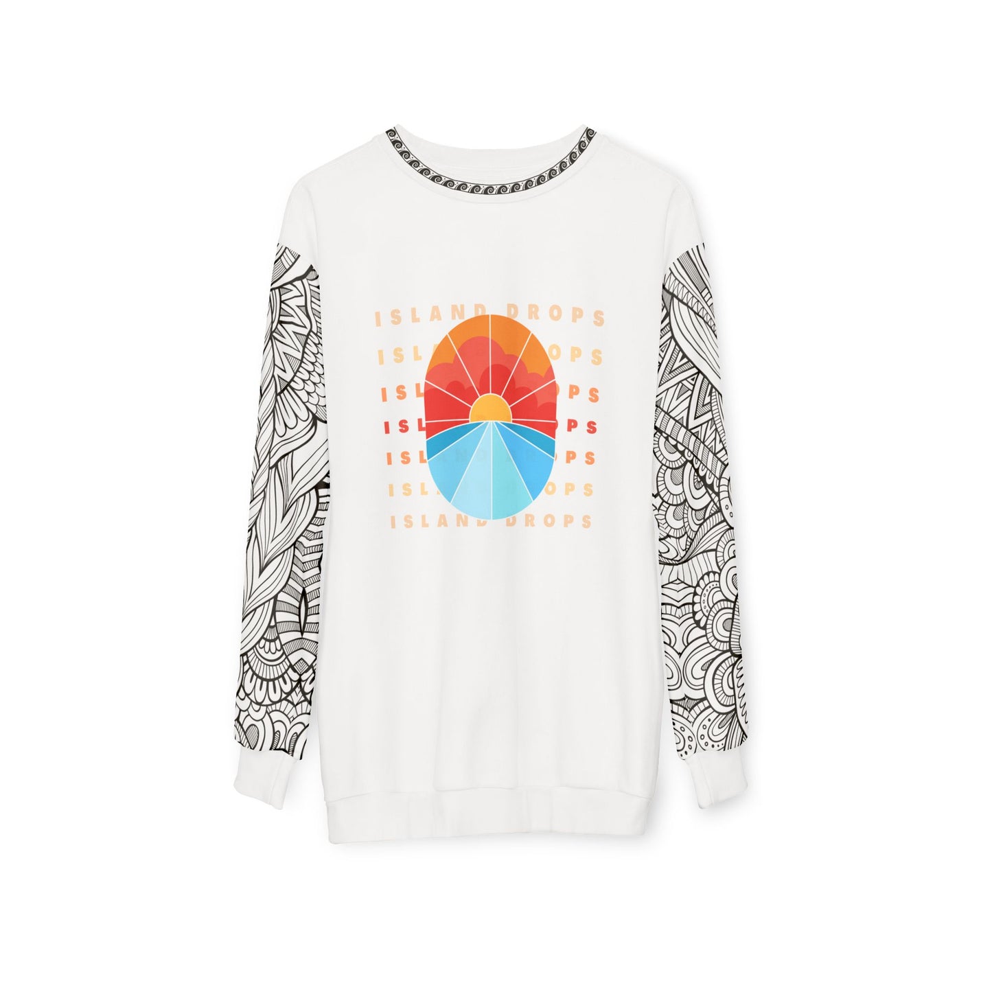 White sweatshirt with 'ISLAND DROPS' text behind a graphic sunset and tribal tattoo sleeve pattern - Island Drops long sleeve collection | Unisex sweatshirt
