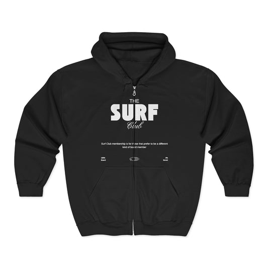 Black full zip hoodie with  'THE SURF CLUB' text, 100% BOARD, 0% BORED - Island Drops hoodie collection | Unisex zipper hoodie