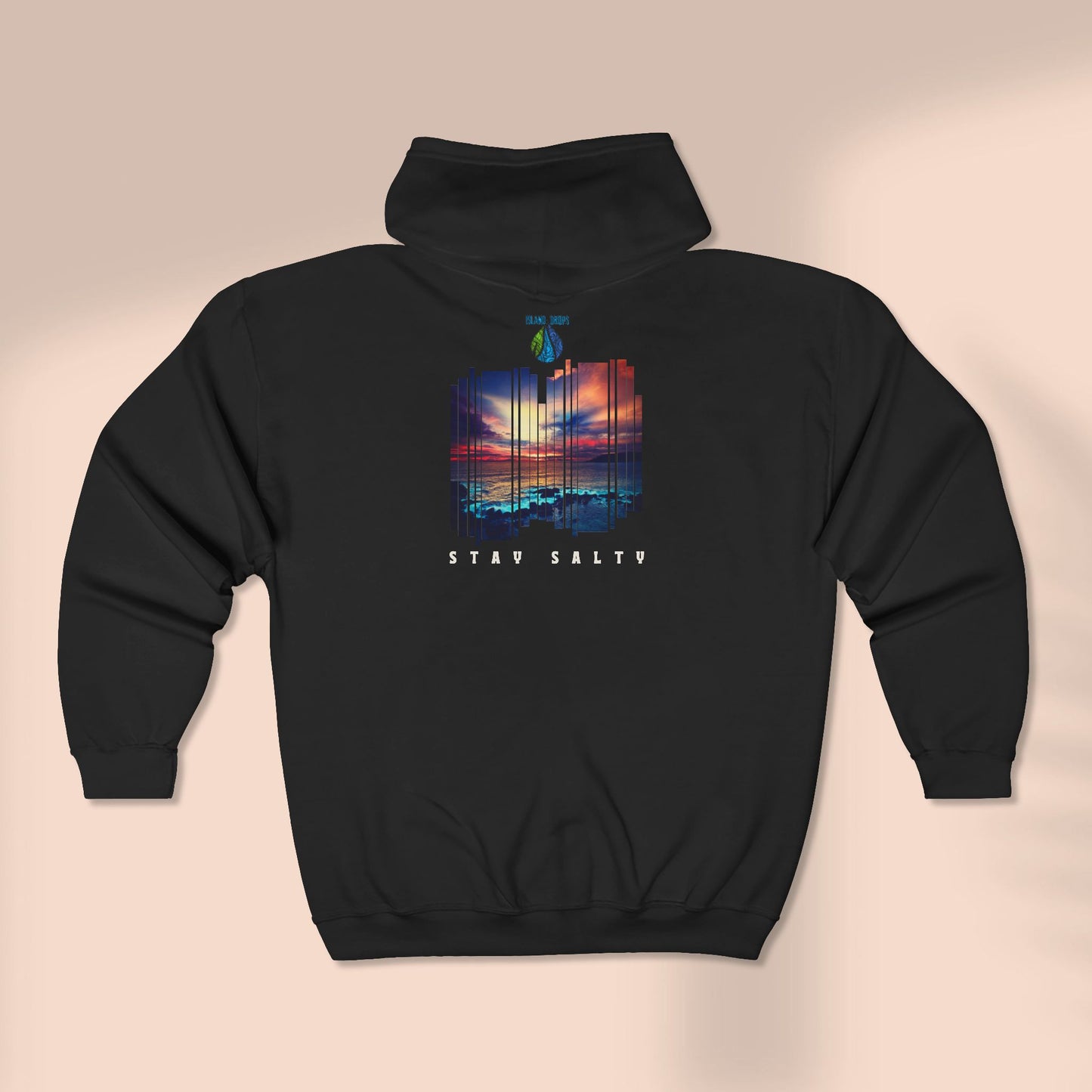 Back of full zip hoodie with a stylized sunset design and 'STAY SALTY' text - Island Drops hoodie collection | Unisex zipper hoodie