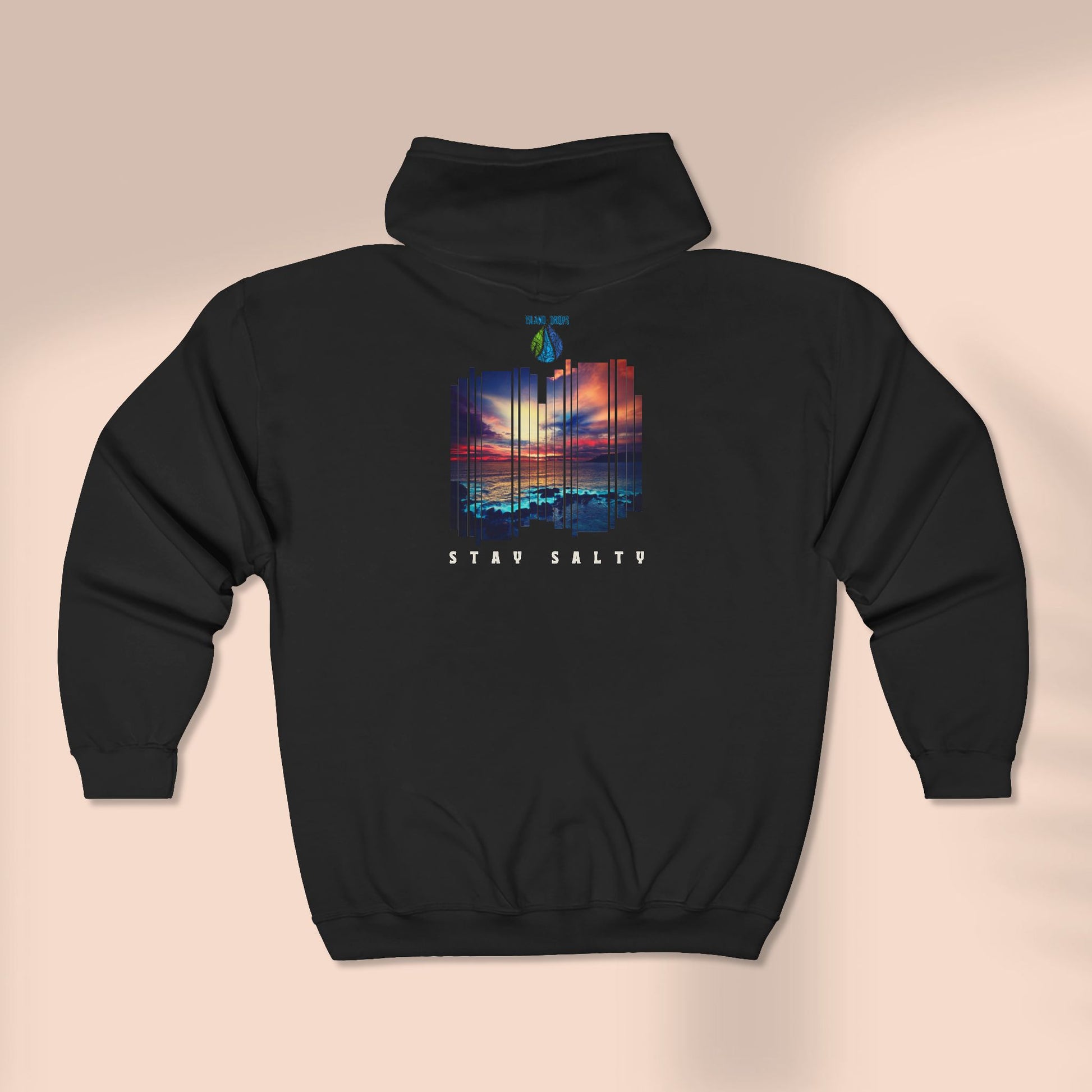 Back of full zip hoodie with a stylized sunset design and 'STAY SALTY' text - Island Drops hoodie collection | Unisex zipper hoodie
