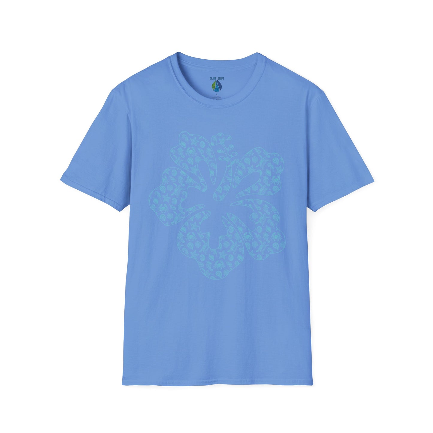 Blue t-shirt with a stylized hibiscus graphic design - Island Drops t-shirt collection | Unisex t-shirt