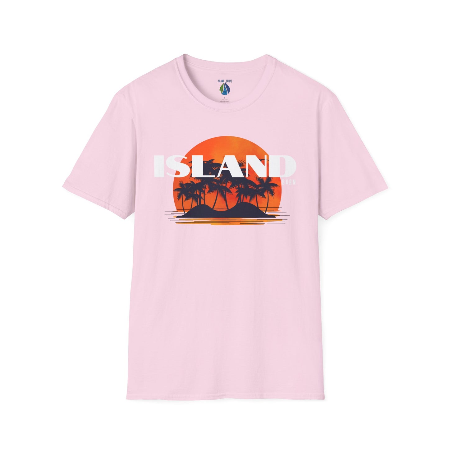Pink t-shirt with 'ISLAND BORN' graphic design with sunset and palm trees on an island - Island Drops t-shirt collection | Unisex t-shirts
