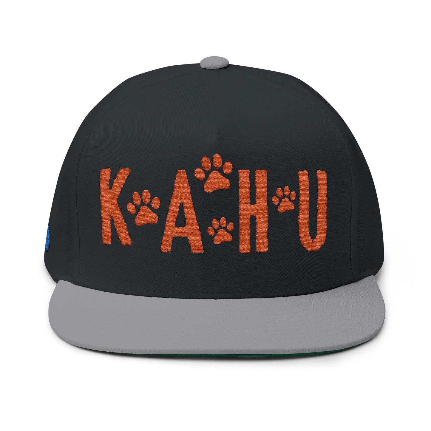 Black and gray cap with 'KAHU' text and paw print graphic design - Island Drops hat collection | Unisex snapback caps