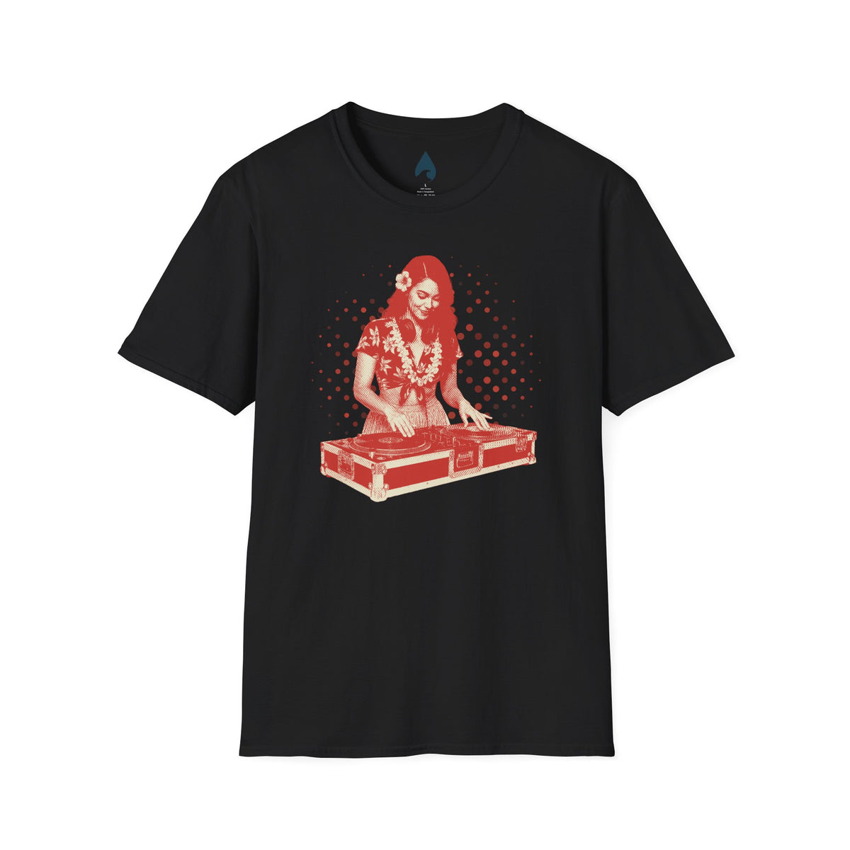 Black DJ Hula T-shirt with red Hula DJ turntable graphic