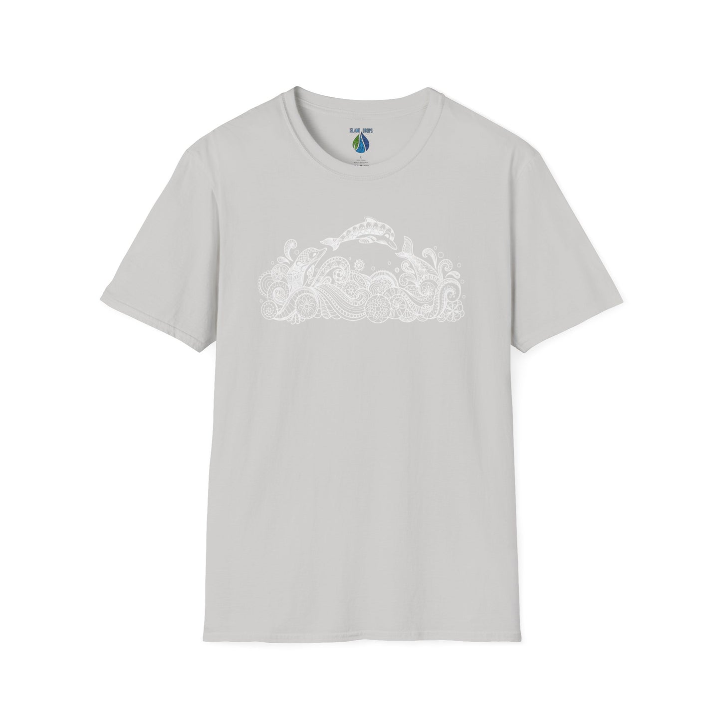 Gray t-shirt with dolphin and tribal tattoo style ocean graphic design - Island Drops t-shirt collection | Unisex t-shirts