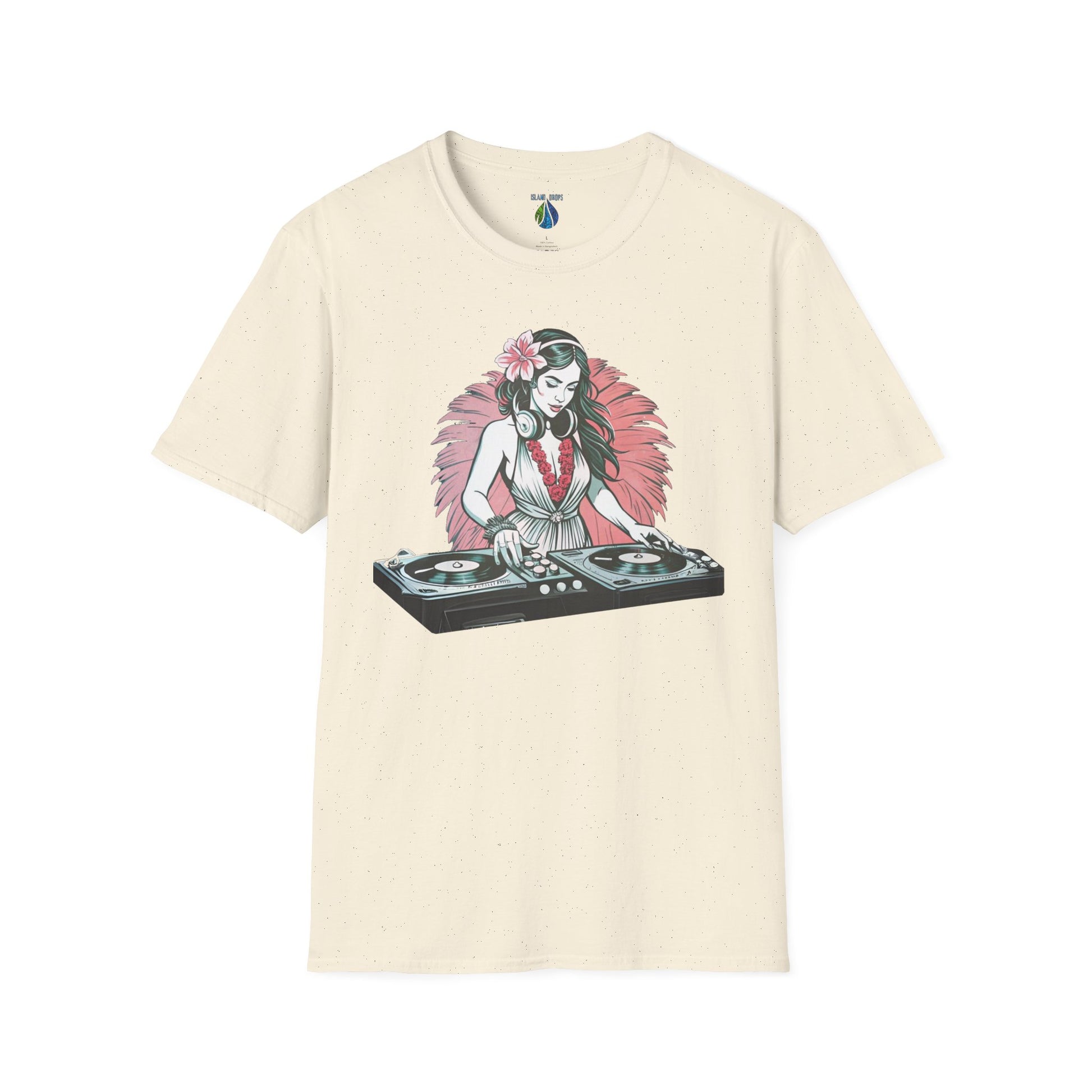 Beige t-shirt with a female hula dancer as a DJ graphic design - Island Drops T-shirt collection | Unisex t-shirt