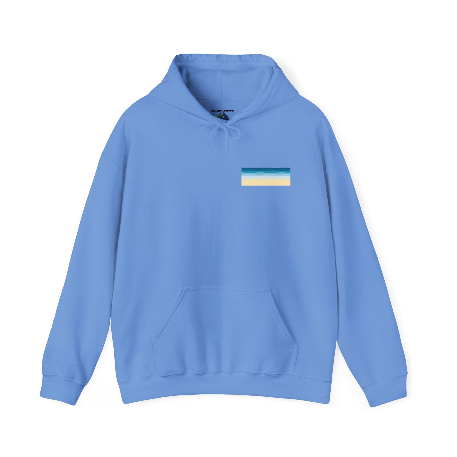 Light blue hoodie with a stylized beach graphic with 'MOOD:  BEACHY' text - Island Drops hoodie collection | Unisex pullover