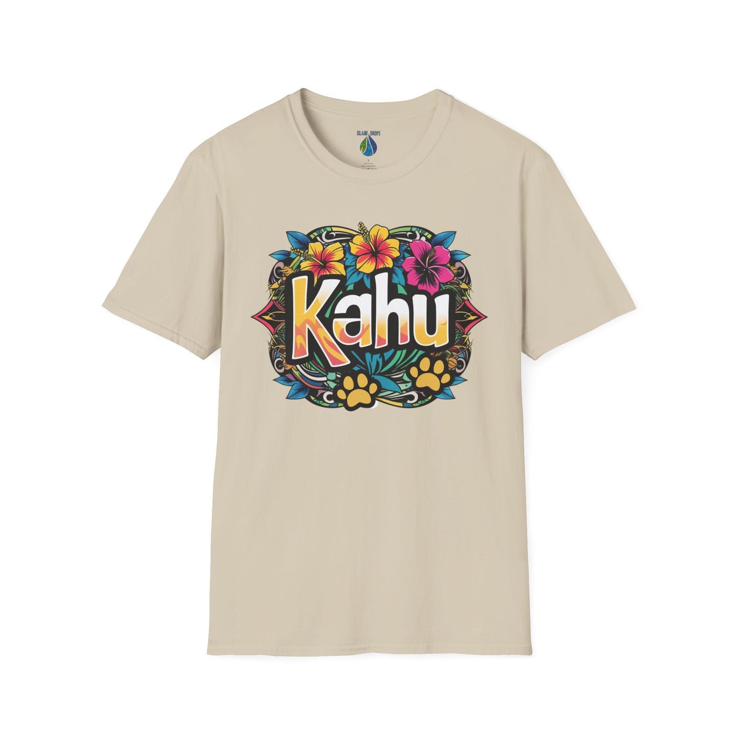 Beige t-shirt with colorful  'Kahu' graphic design with flowers and paw prints  - Island Drops t-shirt collection | Unisex t-shirt