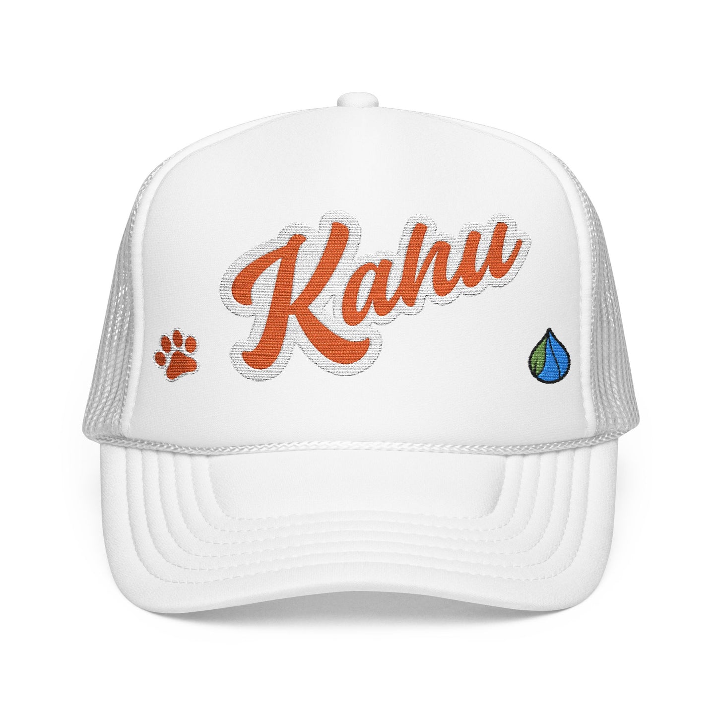 White cap with 'Kahu' text and logos on a white background  - Island Drops hat collection | Unisex cap