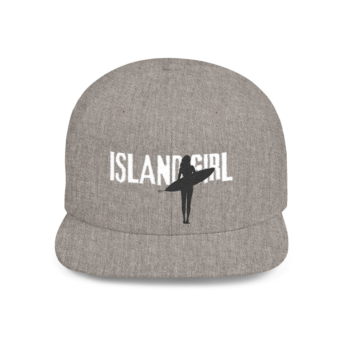 Light gray snapback front view with white Island Girl text and black surfer silhouette