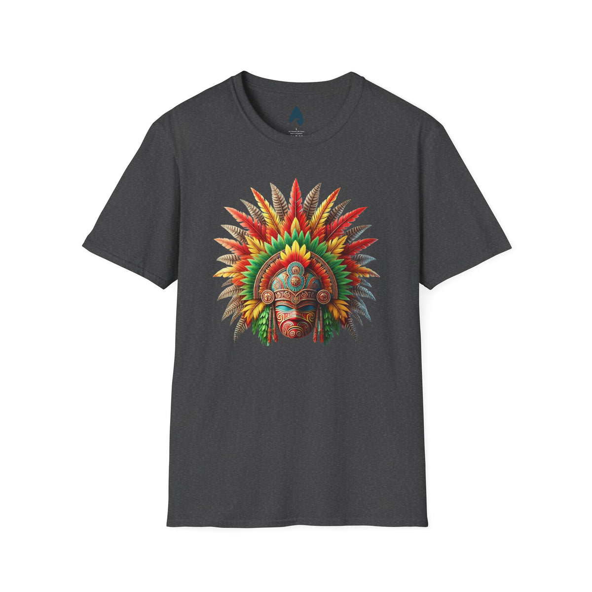 Charcoal Colorful Island Mask tee with vivid feathered mask graphic