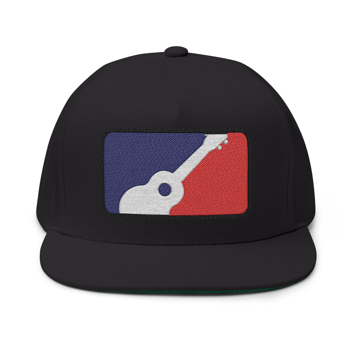 Black flat-bill snapback cap with red, white, and blue ukulele patch