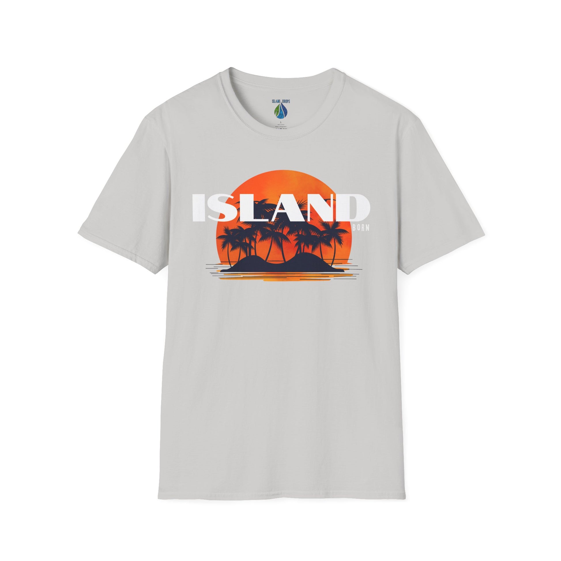 Gray t-shirt with 'ISLAND BORN' graphic design with sunset and palm trees on an island - Island Drops t-shirt collection | Unisex t-shirts