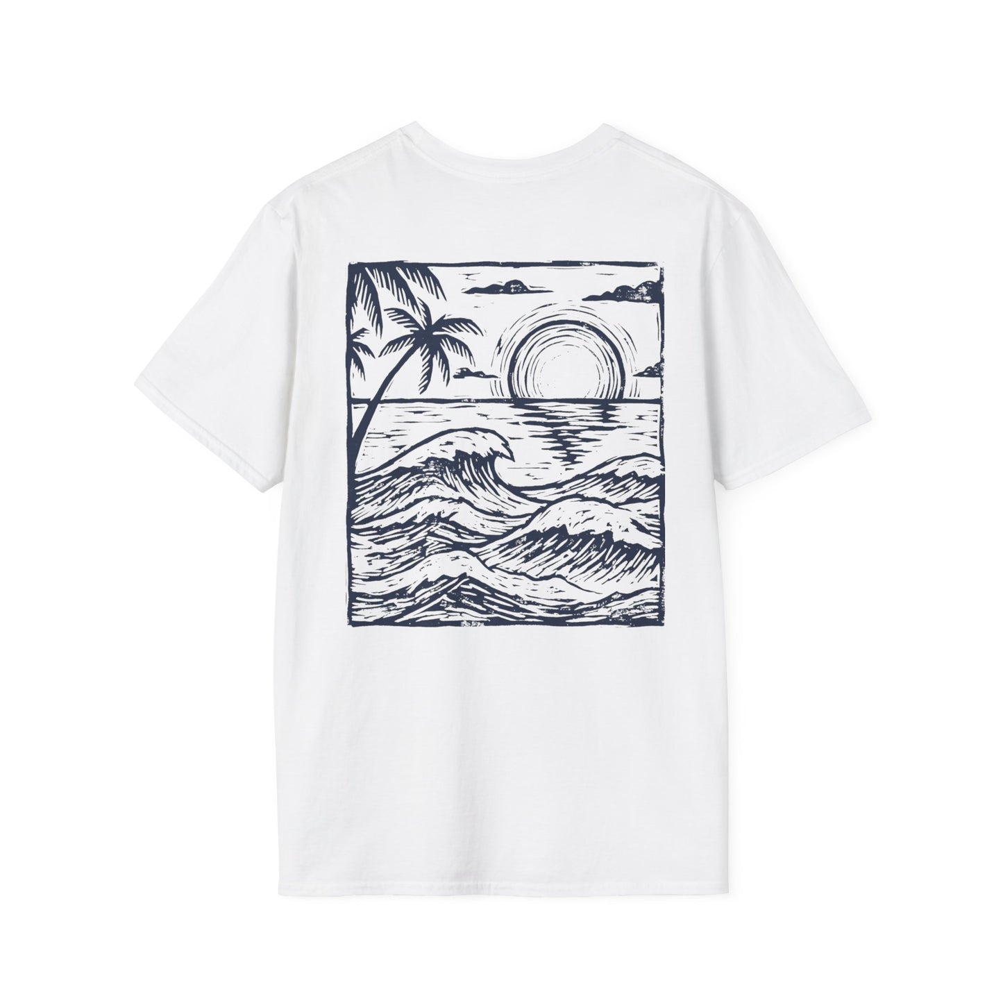 Sunset Sketch Tee back print in White color — linocut sunset design streetwear shirt