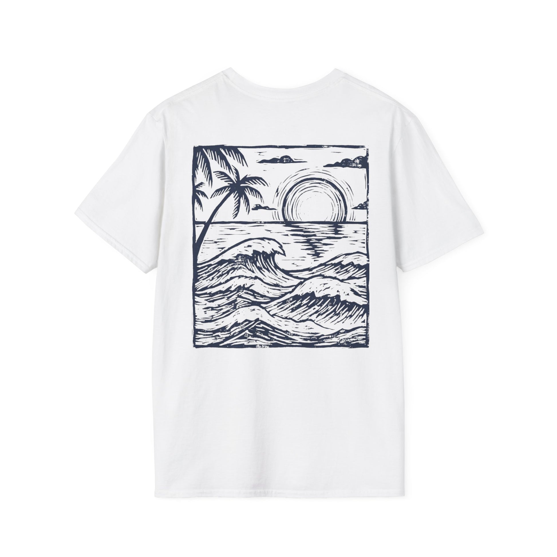Sunset Sketch Tee back print in White color — linocut sunset design streetwear shirt