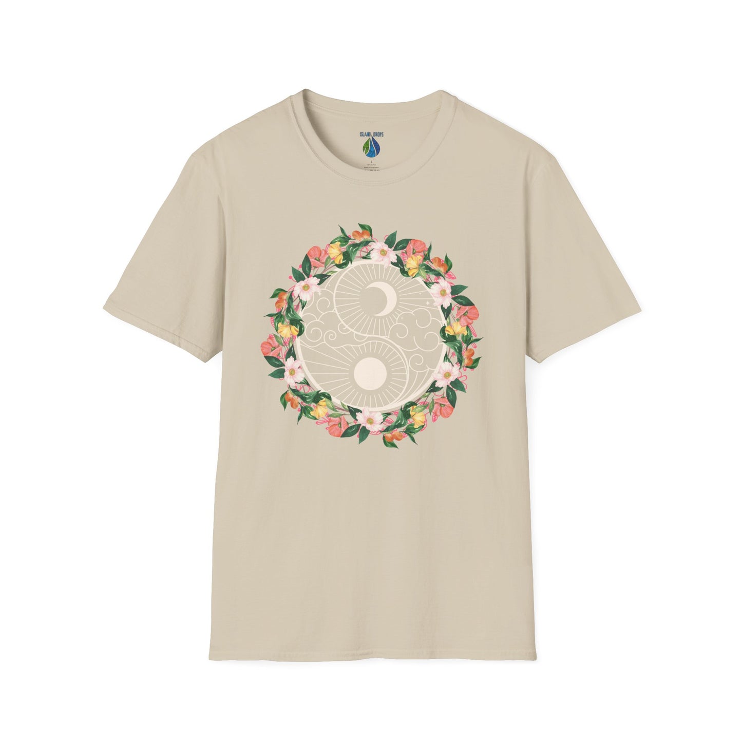 Beige t-shirt with a floral yin yang design - Island Drops t-shirt collection | Unisex t-shirts