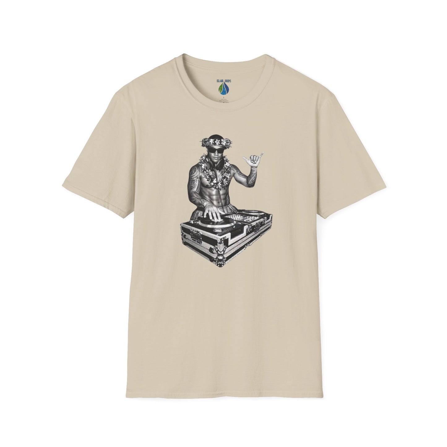 Beige t-shirt with a male hula dancer as a DJ graphic design - Island Drops t-shirt collection | Unisex t-shirt