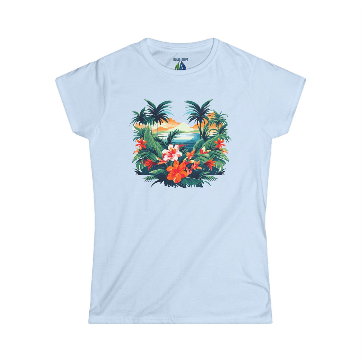 Light blue women's cut t-shirt with floral beach graphic design - Island Drops Women's collection | Women's cut t-shirt