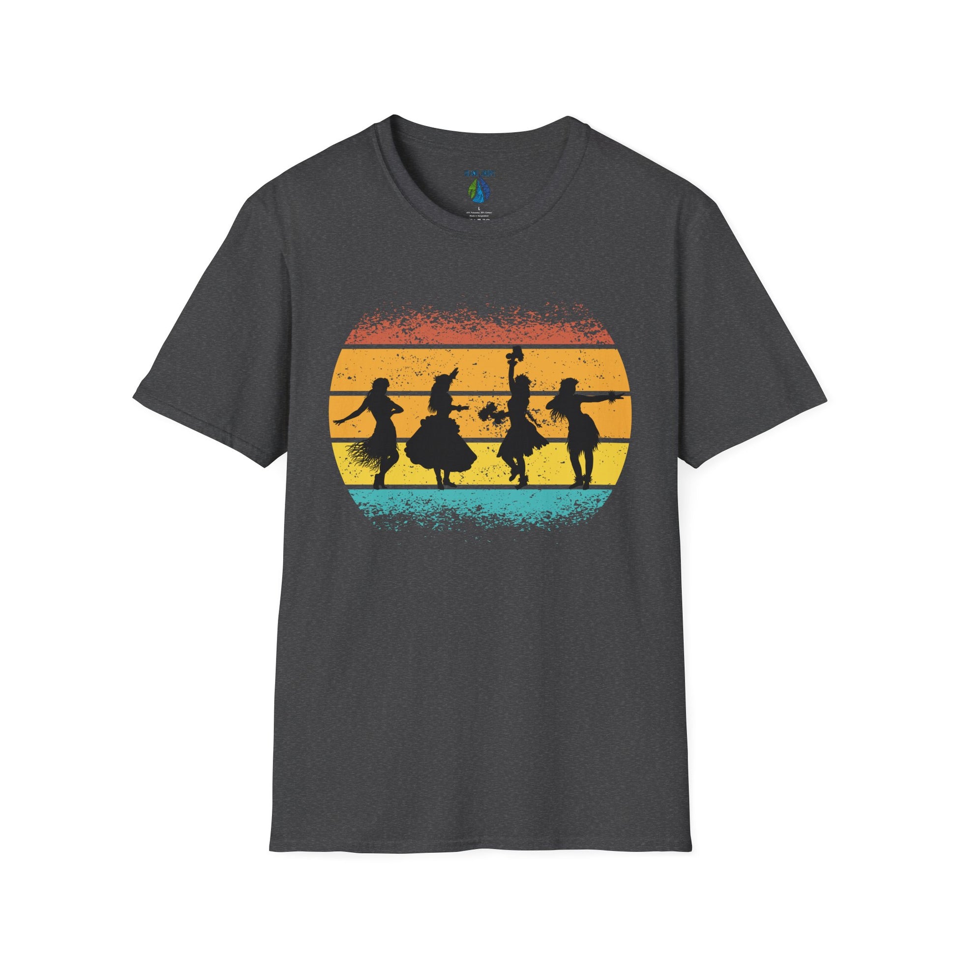 Gray t-shirt with a graphic design of female hula dancers against a sunset background - Island Drops t-shirt collection | Unisex t-shirt