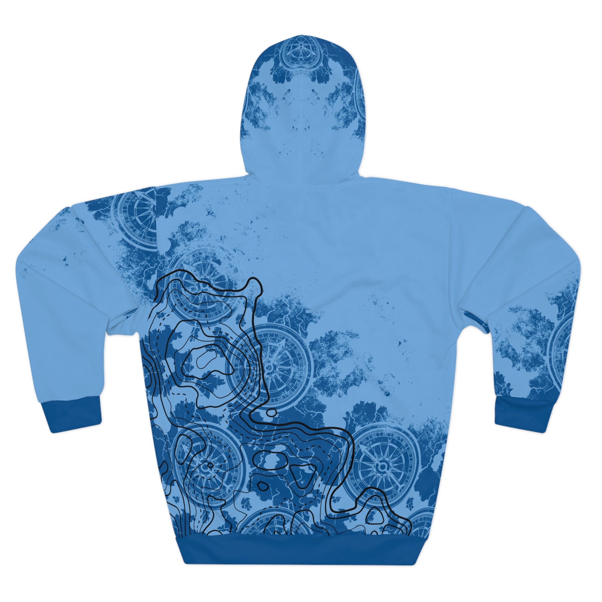 Blue hoodie back with a nautical, terrain graphic design - Island Drops hoodie collection | Unisex pullover