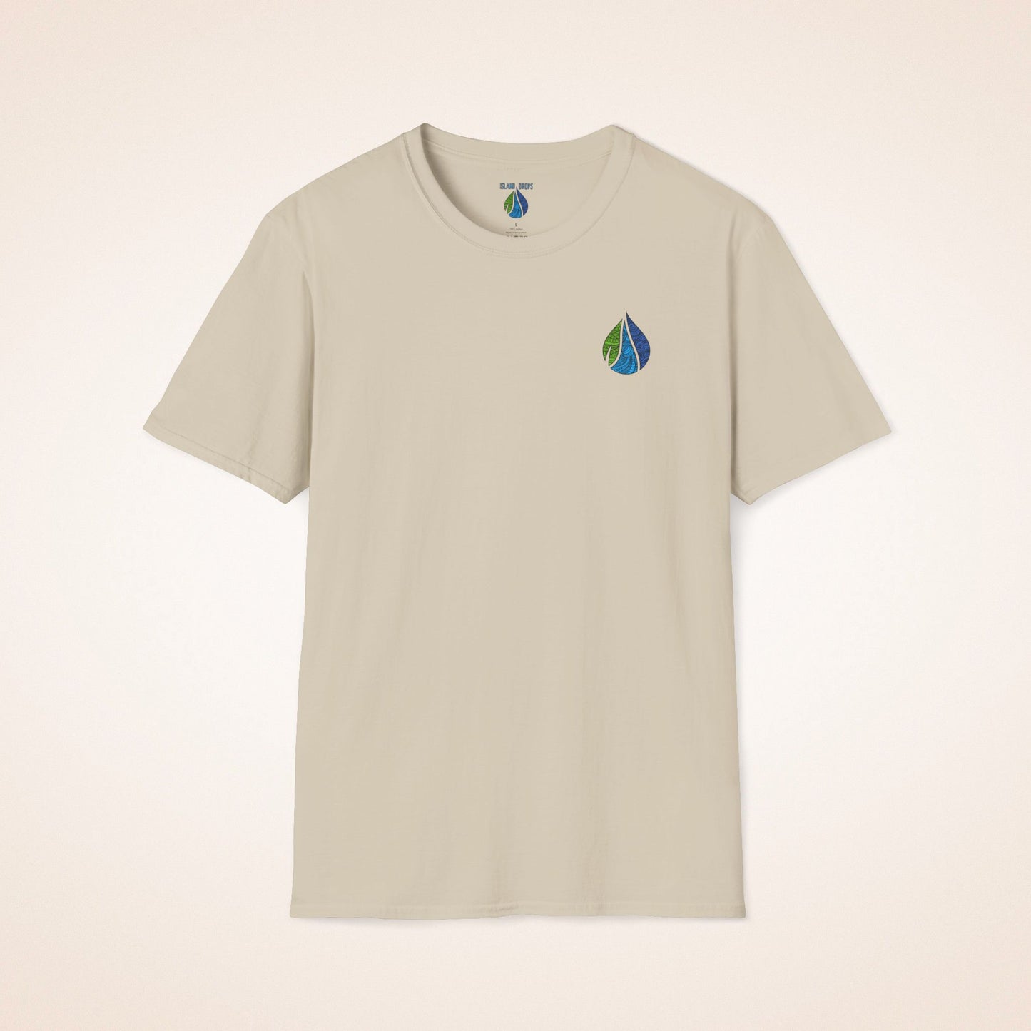 Beige t-shirt with Island Drops logo on the front chest and 'BOARD MEMBER' text and colorful surfboard icons on the back - Island Drops t-shirt collection | Unisex t-shirts