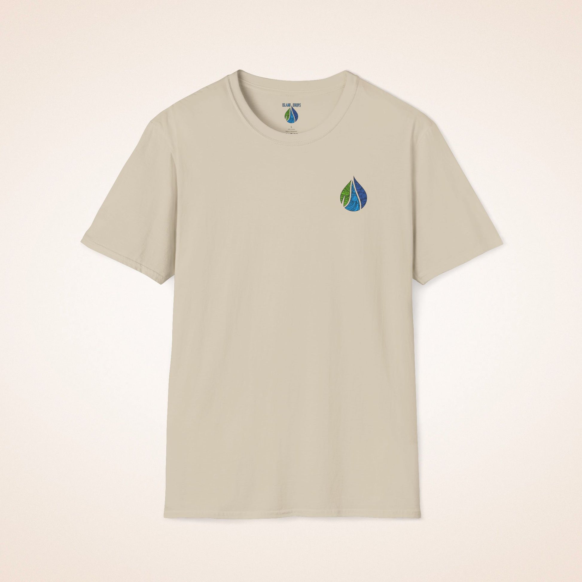 Beige t-shirt with Island Drops logo on the front chest and 'BOARD MEMBER' text and colorful surfboard icons on the back - Island Drops t-shirt collection | Unisex t-shirts