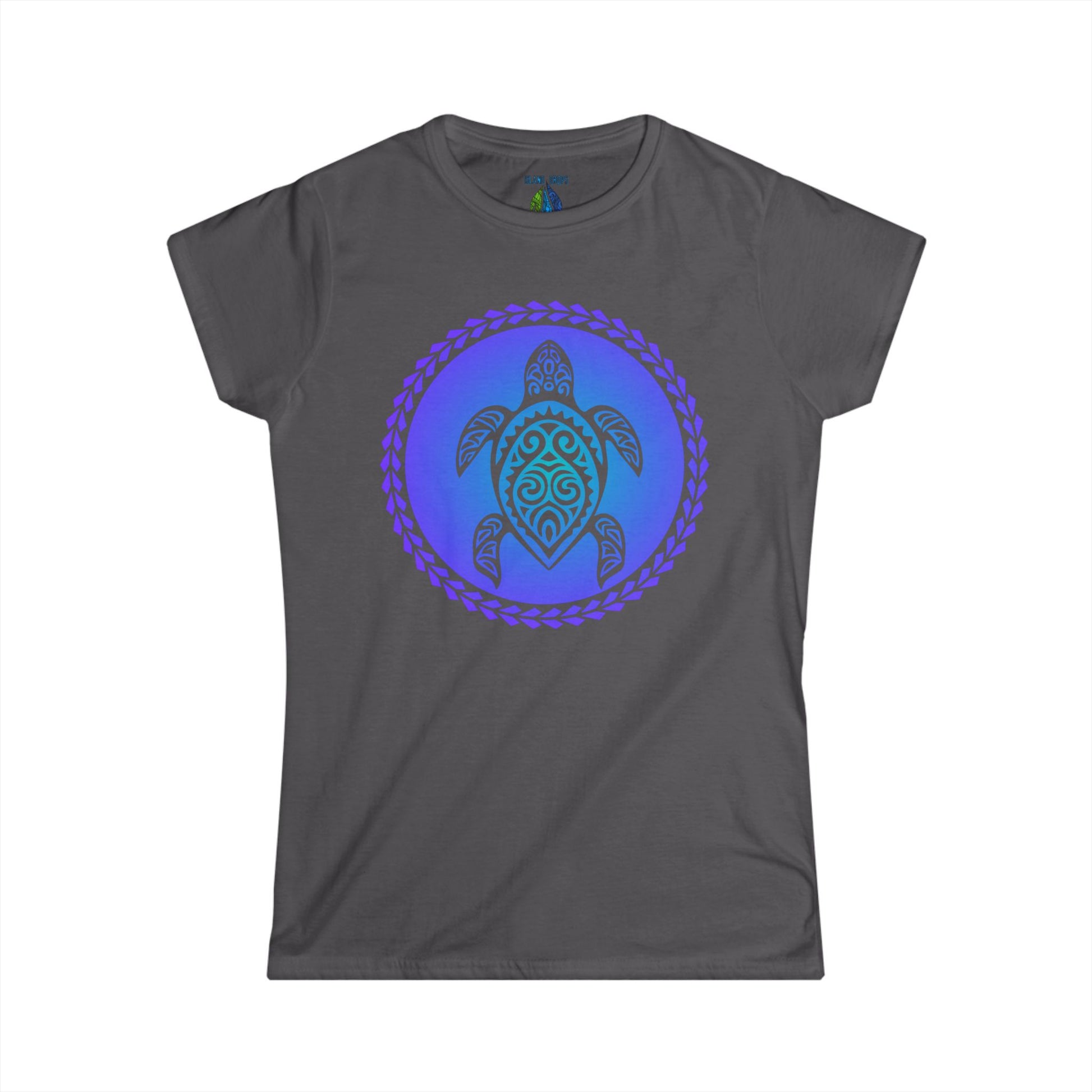 Gray women's cut t-shirt with gradient turtle graphic design - Island Drops Women's collection | Women's cut t-shirt