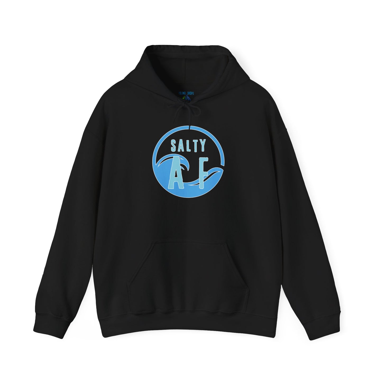 Black hoodie with 'SALTY AF' text graphic design - Island Drops hoodie collection | Unisex pullover