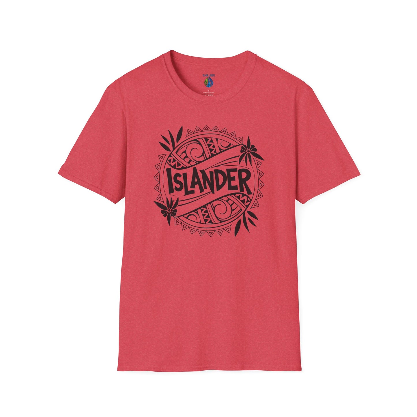 Red t-shirt with 'ISLANDER' tribal graphic design - Island Drops T-shirt collection | Unisex t-shirt