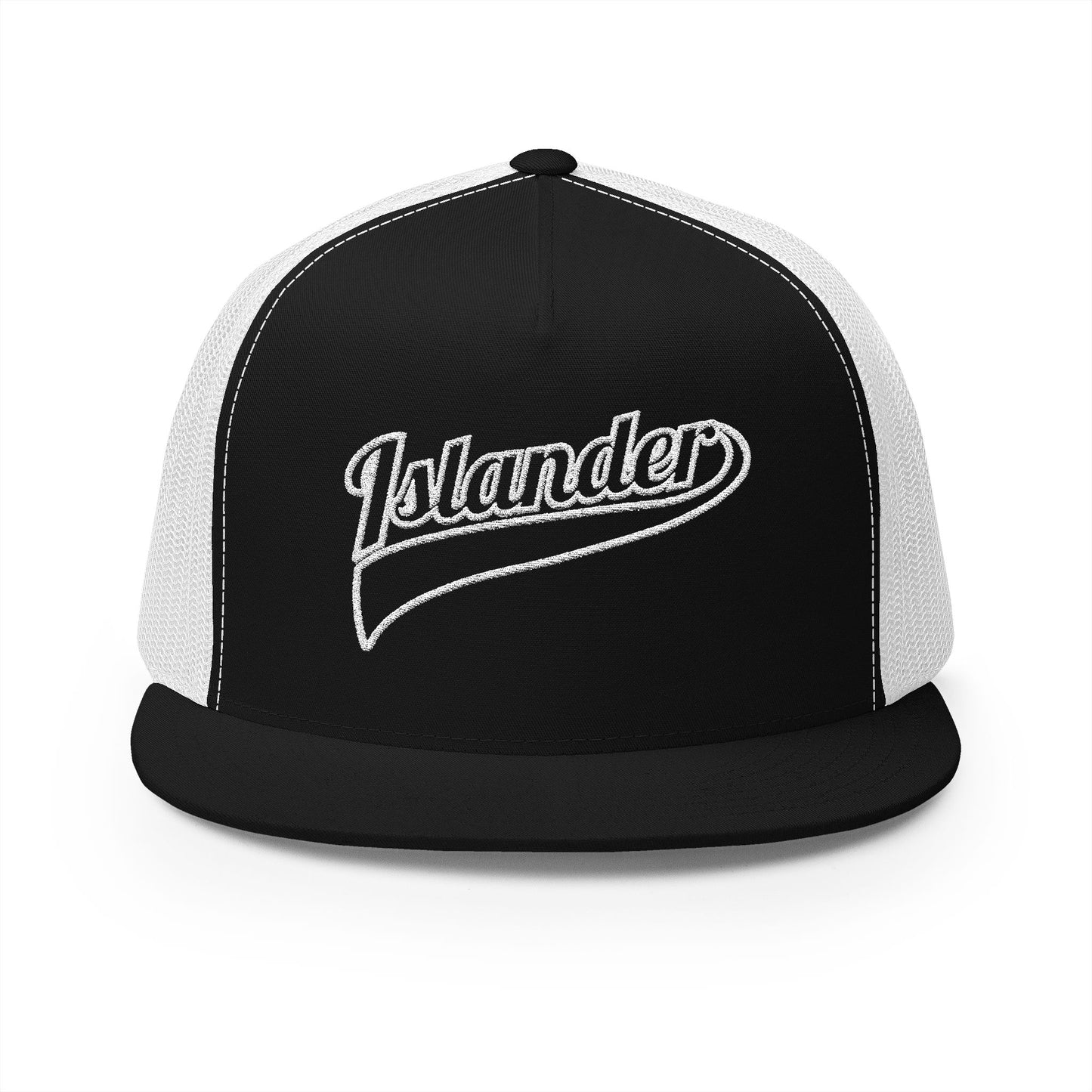 Black and white cap with 'Islander' logo  - Island Drops hat collection | Unisex trucker hat trucker cap