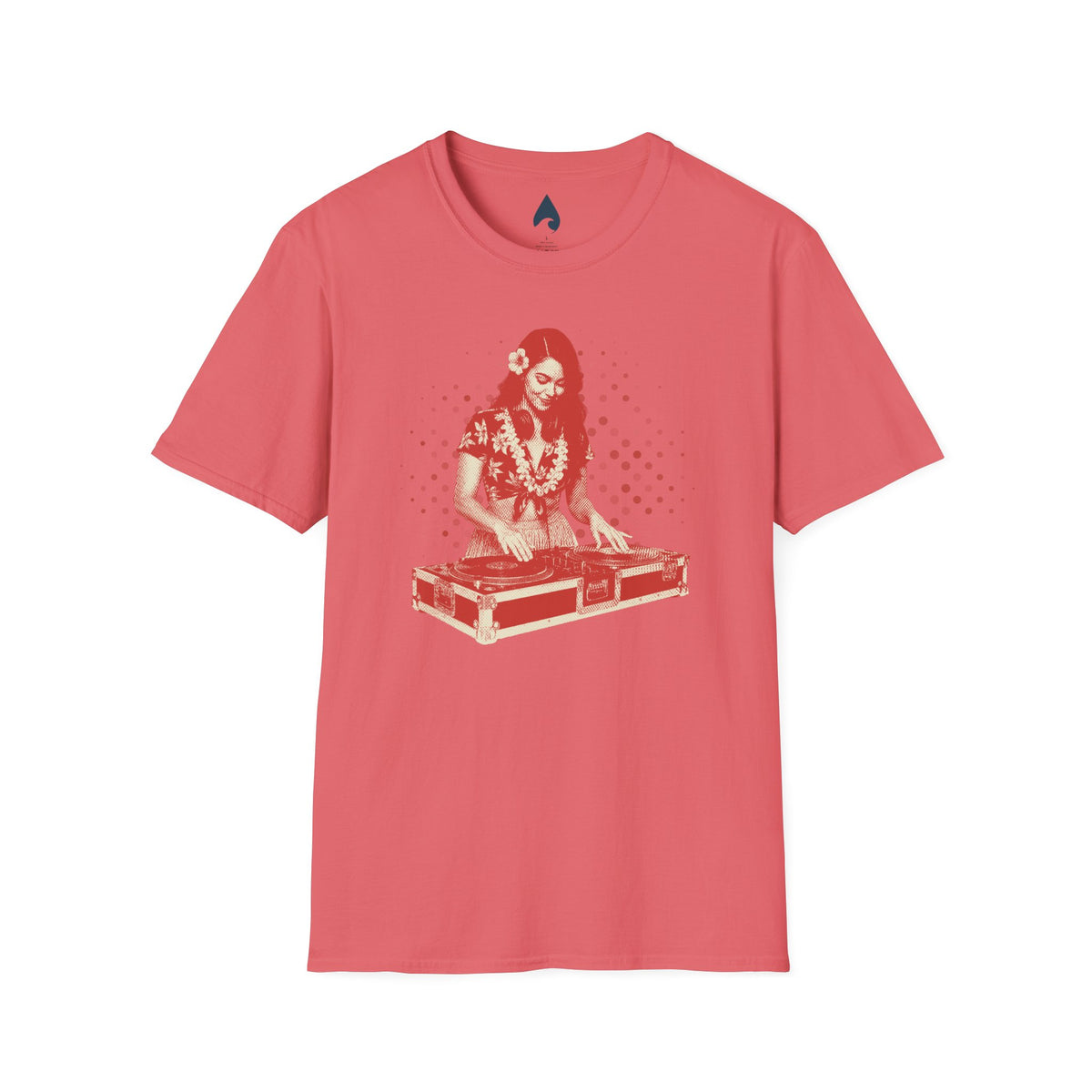 Coral DJ Hula T-shirt with red Hula DJ turntable graphic