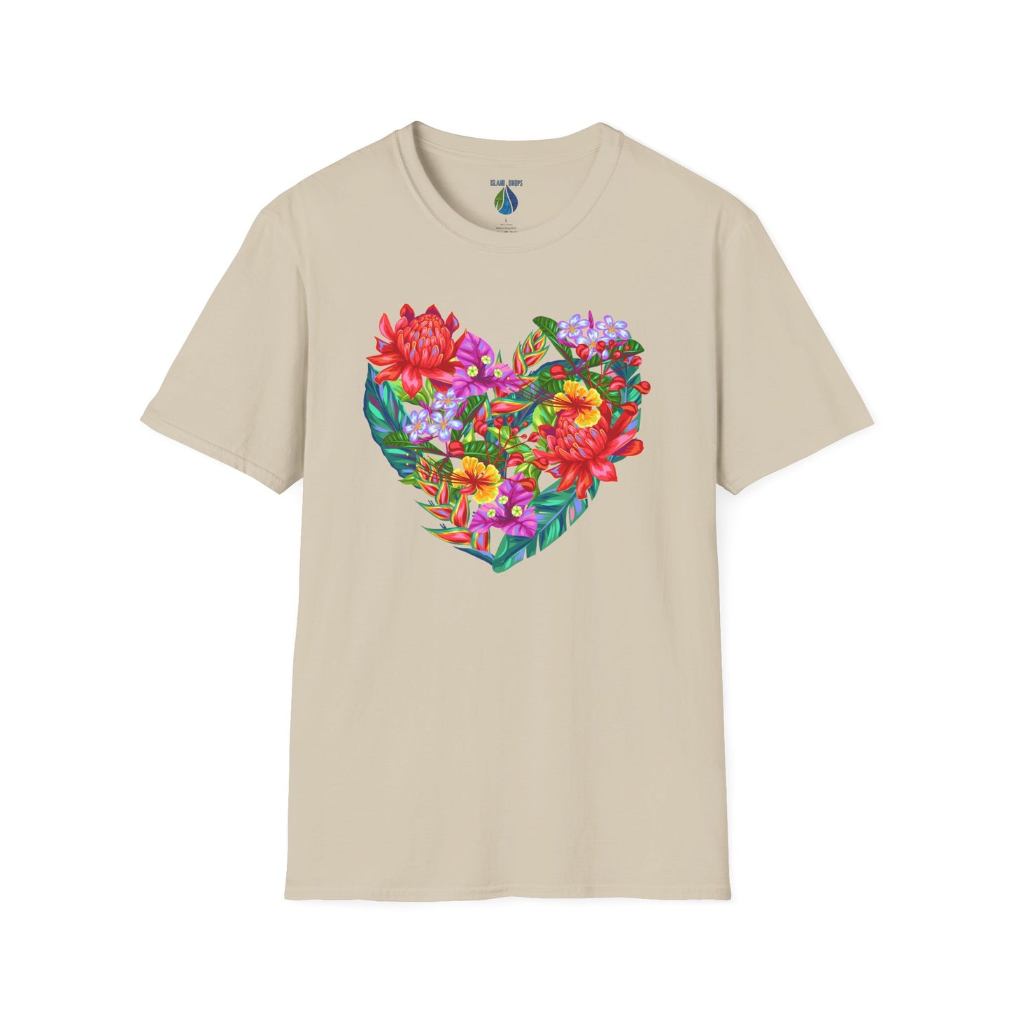 Beige t-shirt with floral heart graphic design - Island Drops t-shirt collection | Unisex t-shirts