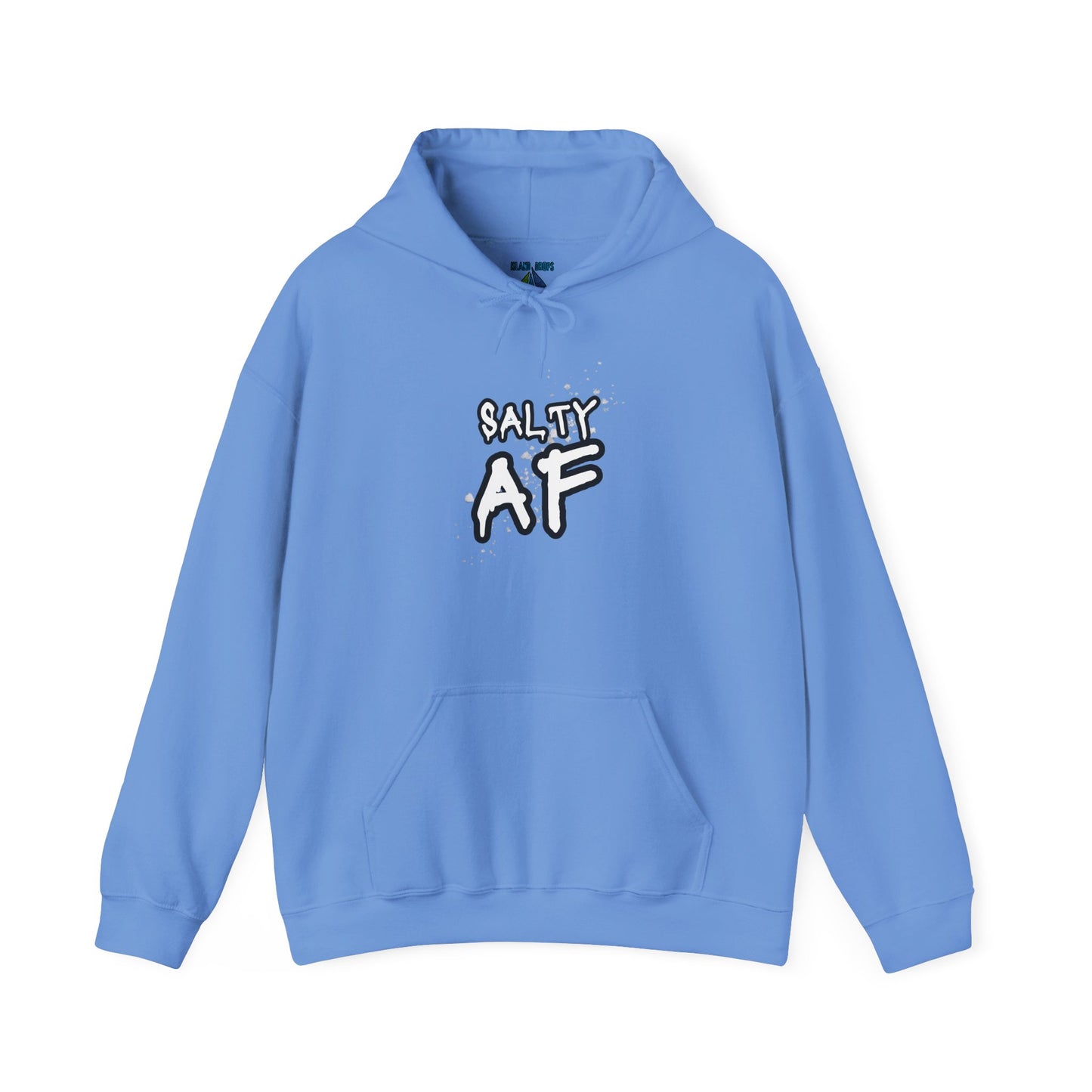Blue hoodie with 'SALTY AF' text graphic design - Island Drops hoodie collection | Unisex pullover