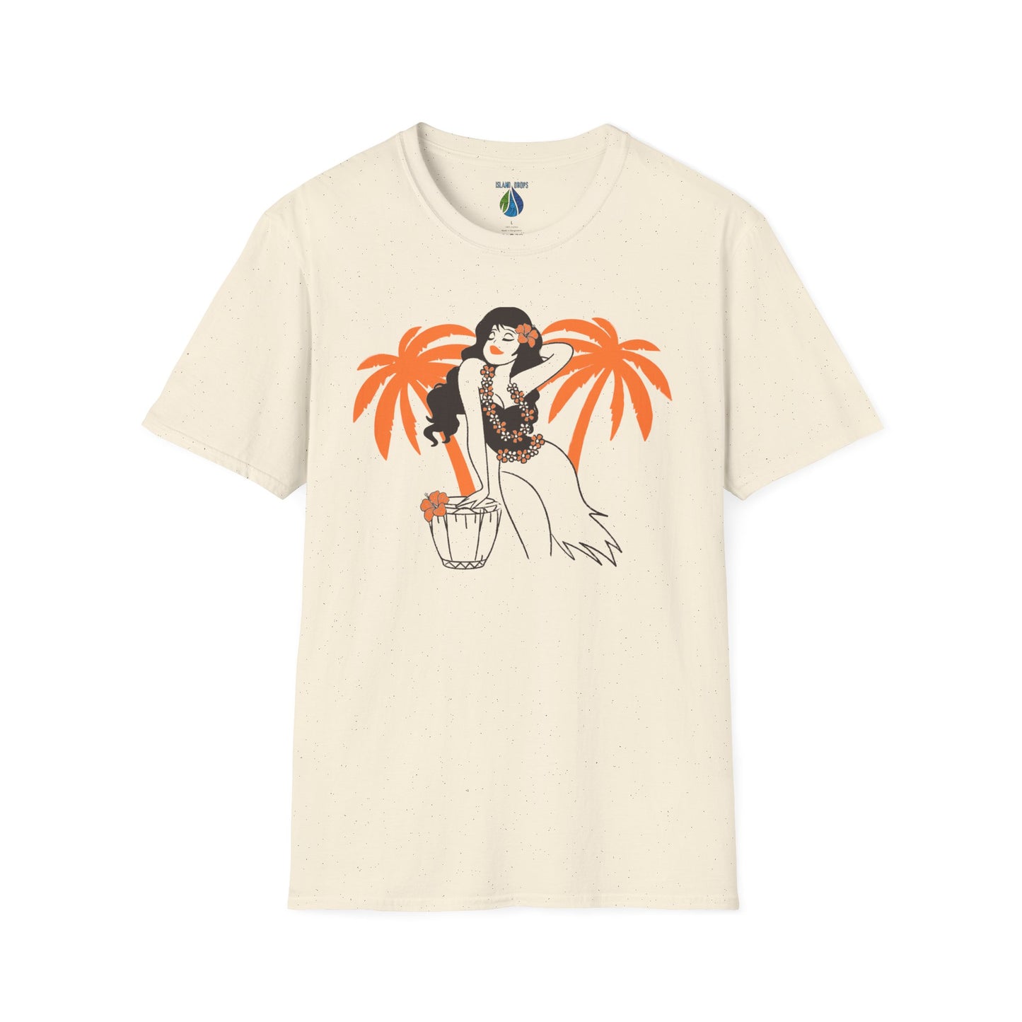 Beige t-shirt with female hula dancer and palm trees graphic design - Island Drops t-shirt collection | Unisex t-shirts