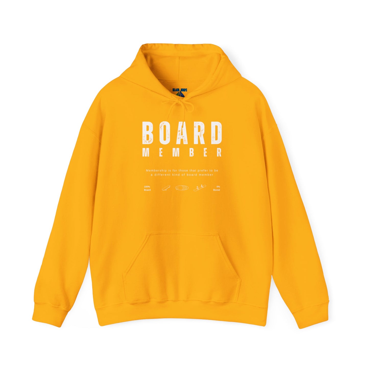 Yellow hoodie with 'BOARD MEMBER' text , 100% BOARD, 0% BORED - Island Drops hoodie collection | Unisex pullover