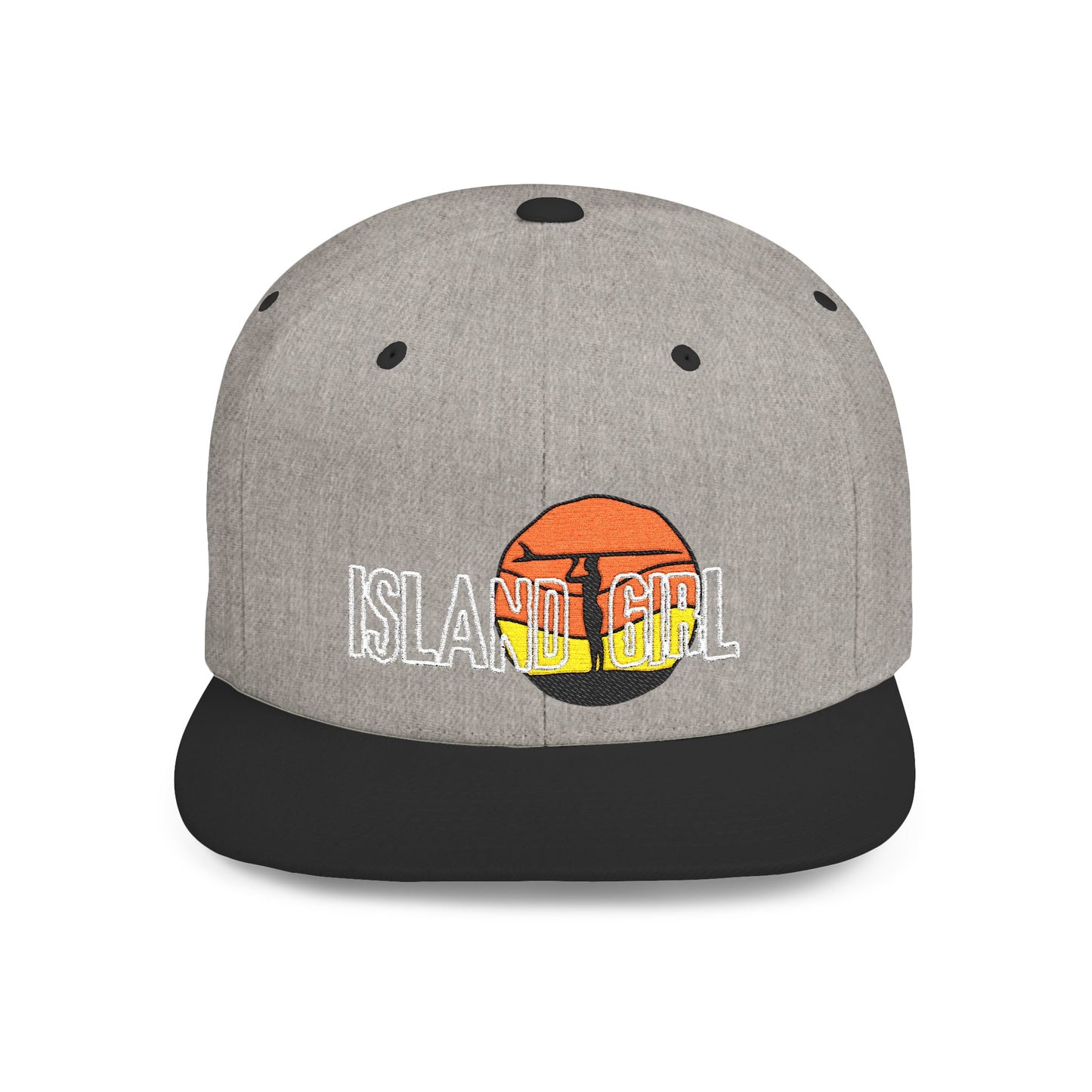 Gray and black cap with 'ISLAND GIRL' text and a surfer girl and sunset graphic design - Island Drops hat collection | Unisex snapback cap