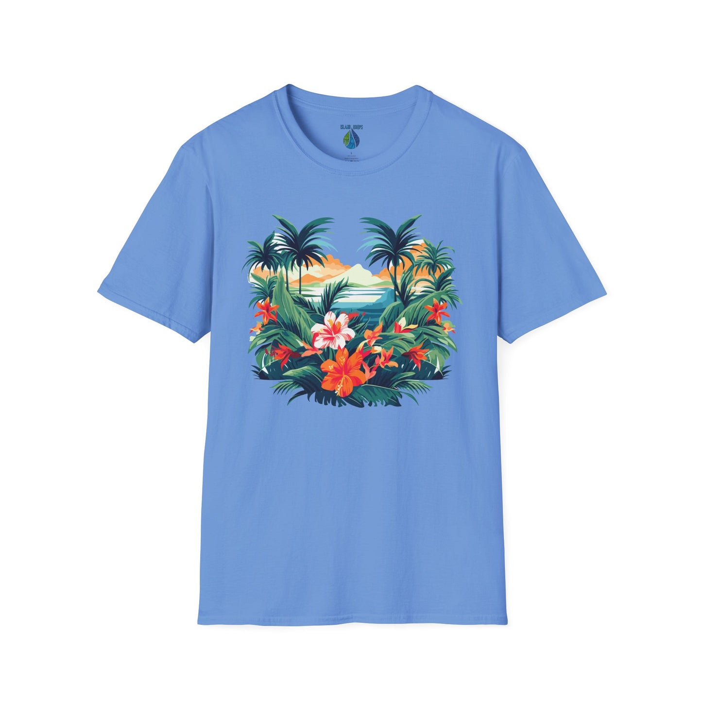 Blue t-shirt with floral beach graphic design - Island Drops t-shirt collection | Unisex t-shirt