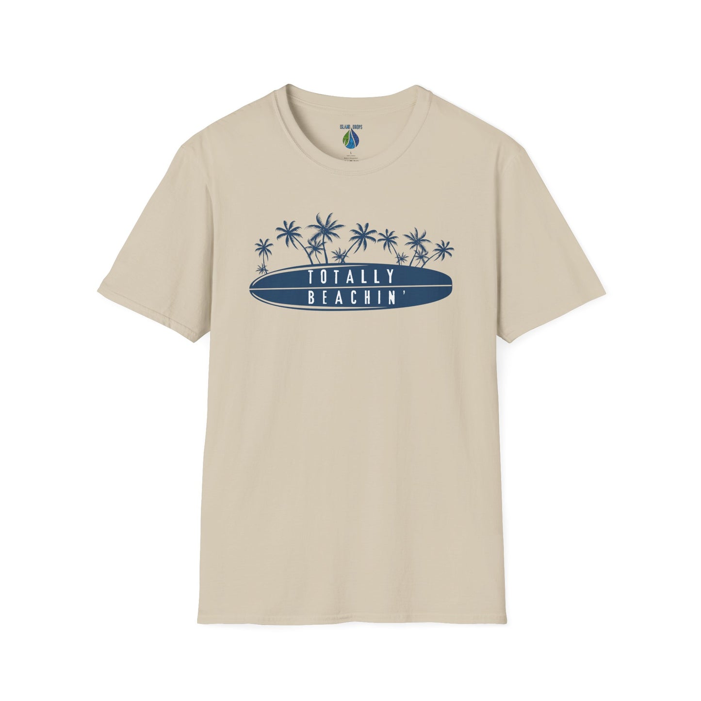 Beige  t-shirt  with 'TOTALLY BEACHIN' text and palm trees graphic design - Island Drops t-shirt collection | Unisex t-shirts