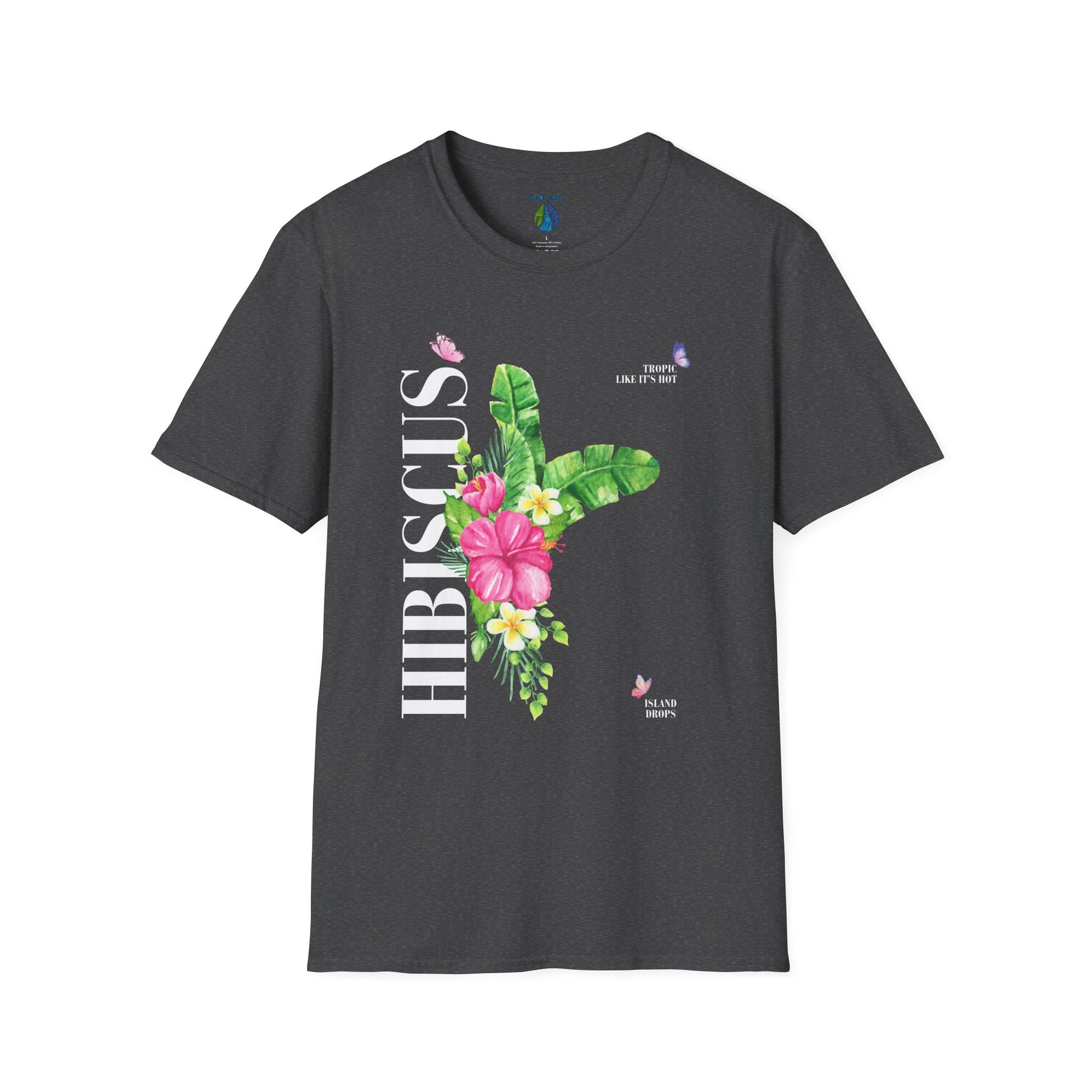 Gray t-shirt with 'HIBISCUS' text and a a stylized hibiscus graphic design - Island Drops t-shirt collection | Unisex t-shirt