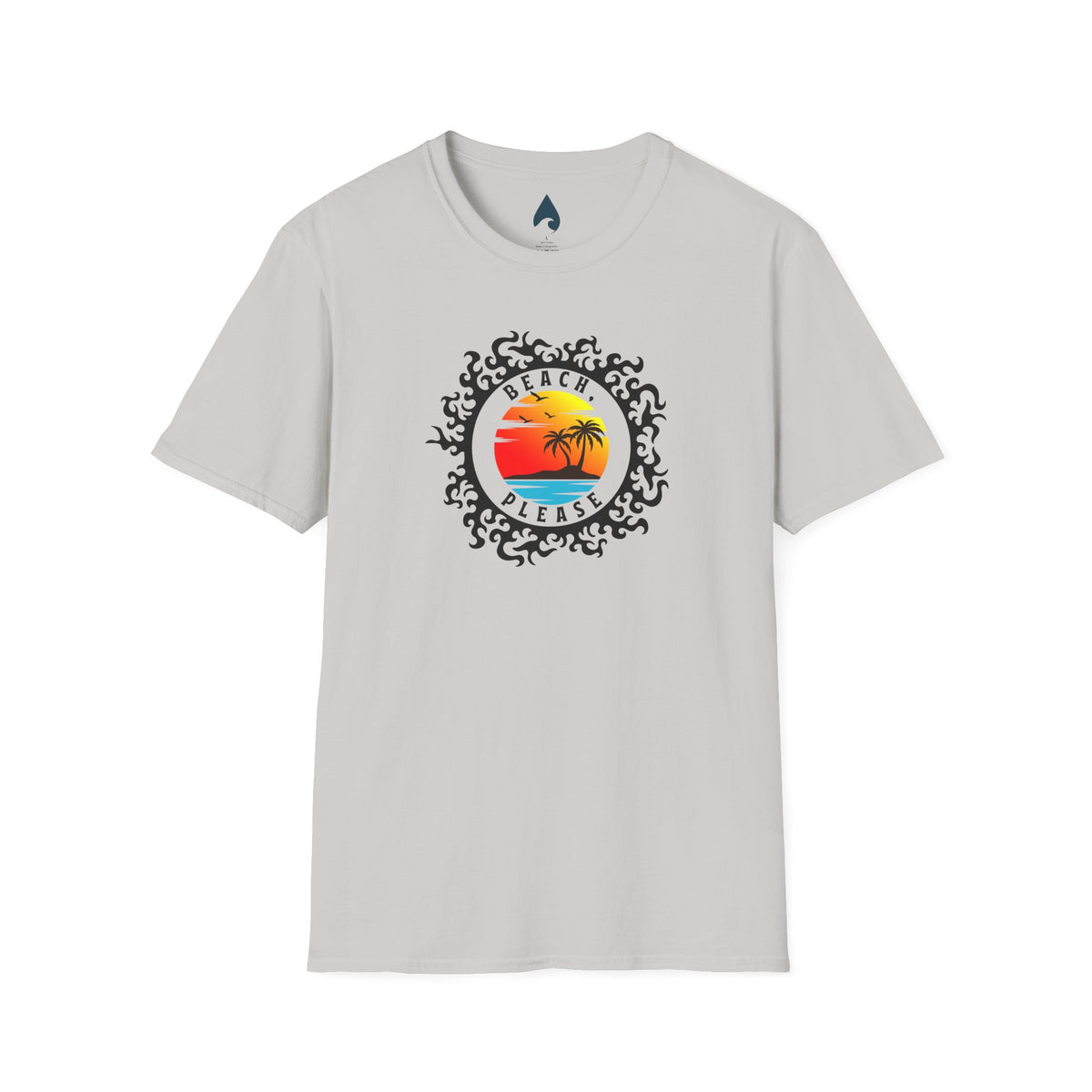 Light gray Beach Please tee with tropical sunset circle graphic