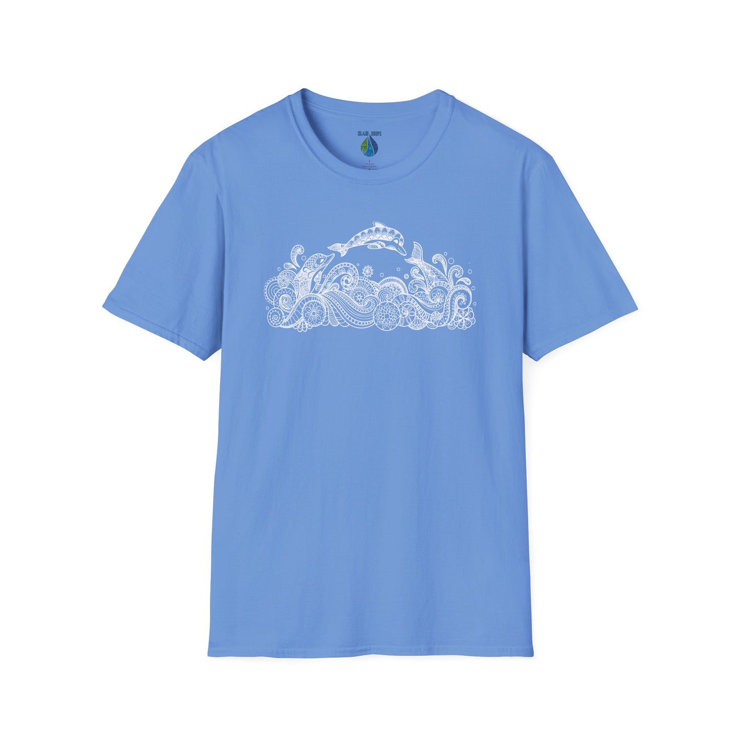 Blue t-shirt with dolphin and tribal tattoo style ocean graphic design - Island Drops t-shirt collection | Unisex t-shirts