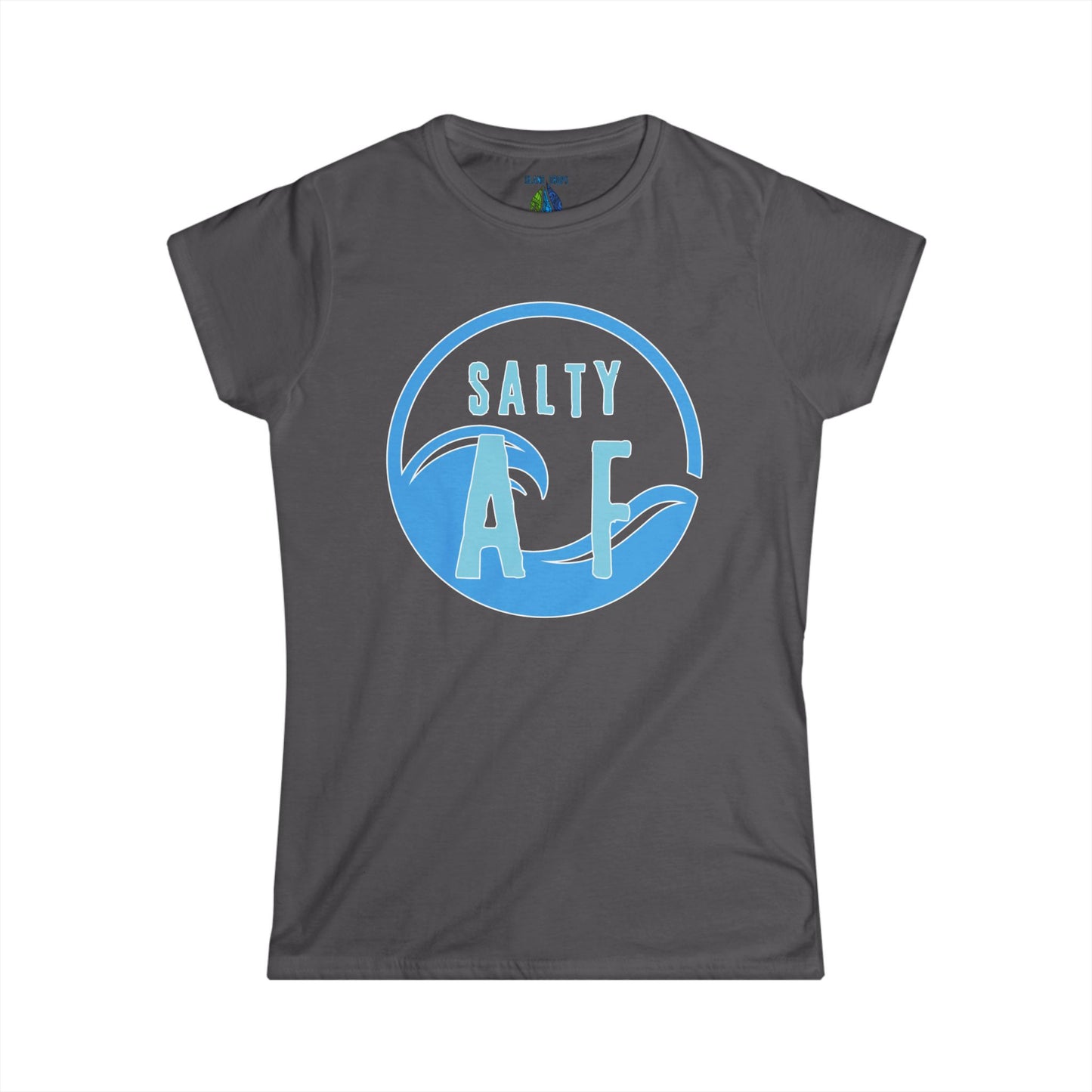 Gray women's cut t-shirt with  'SALTY AF' graphic design - Island Drops Women's collection | Women's cut t-shirt