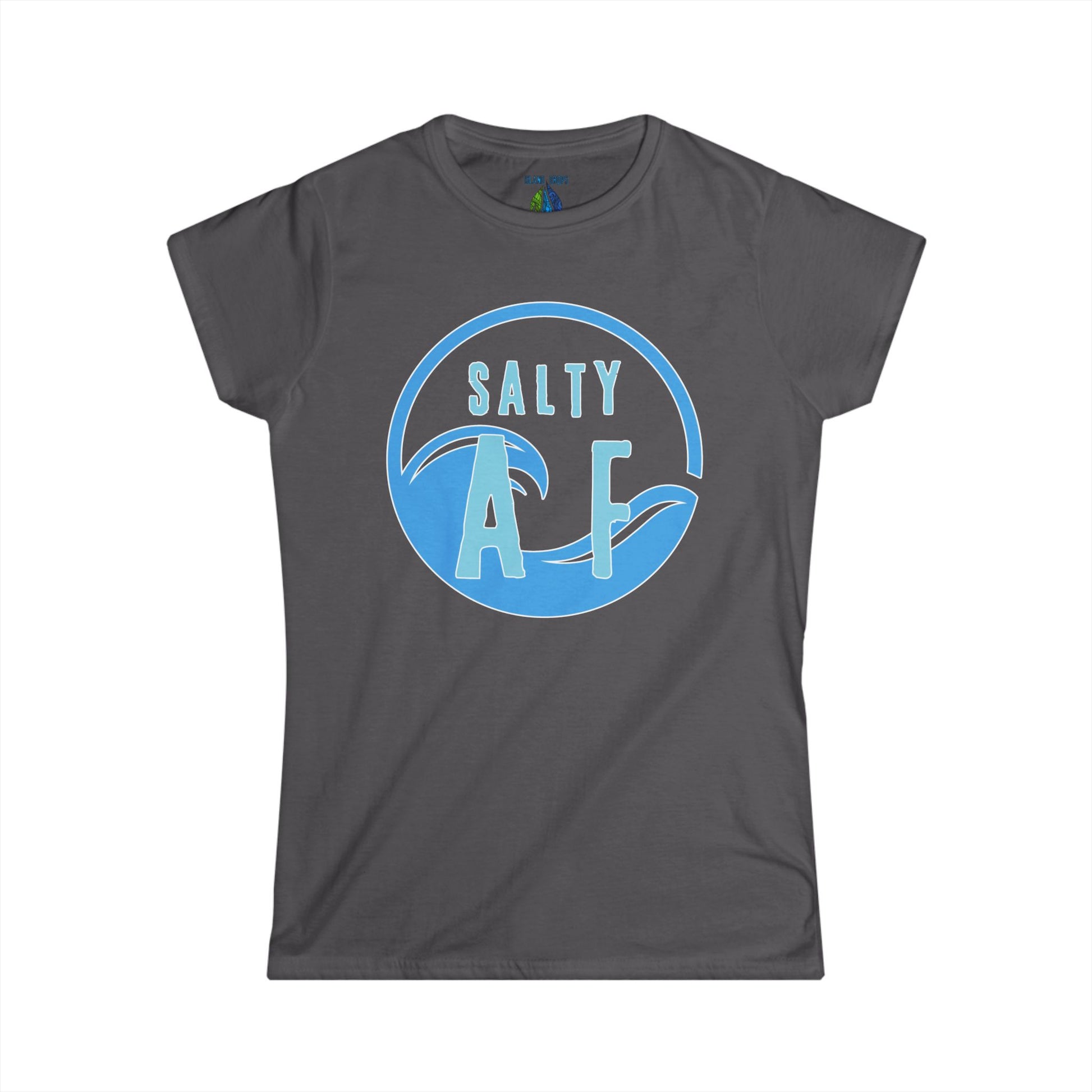 Gray women's cut t-shirt with  'SALTY AF' graphic design - Island Drops Women's collection | Women's cut t-shirt