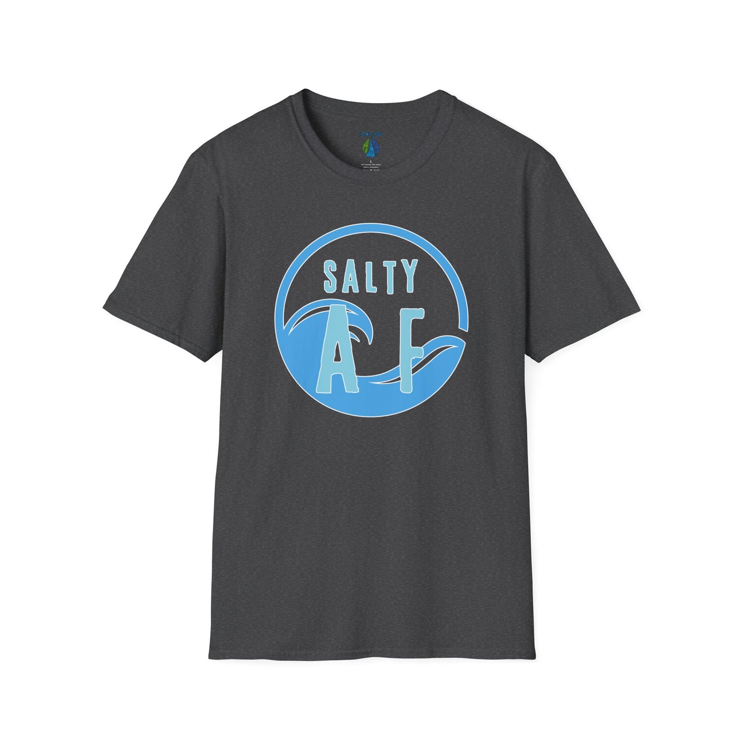Gray t-shirt  with 'SALTY AF' text and stylized ocean graphic design - Island Drops t-shirt collection | Unisex t-shirts