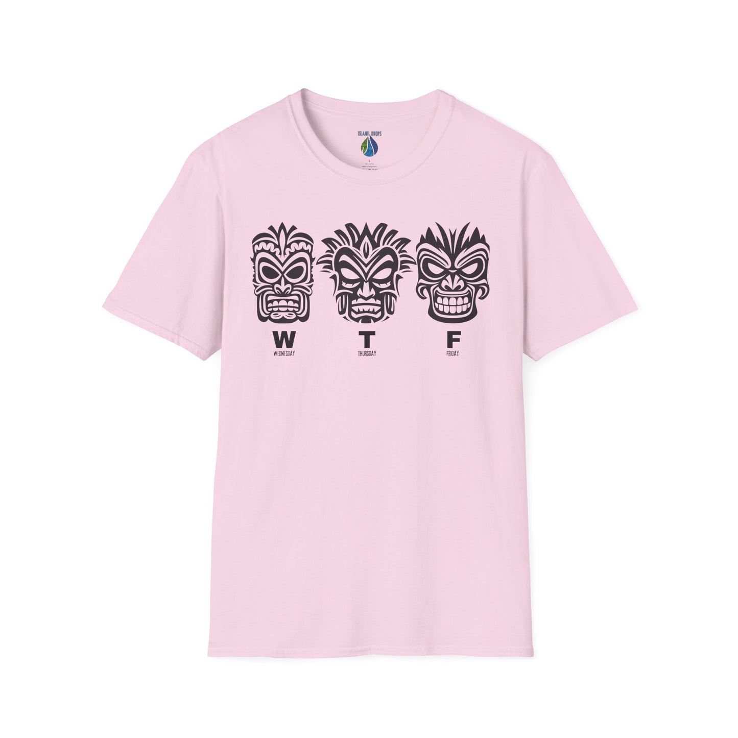 Pink t-shirt with three tiki mask designs and 'WTF' text t-shirt - Island Drops t-shirt collection | Unisex t-shirts