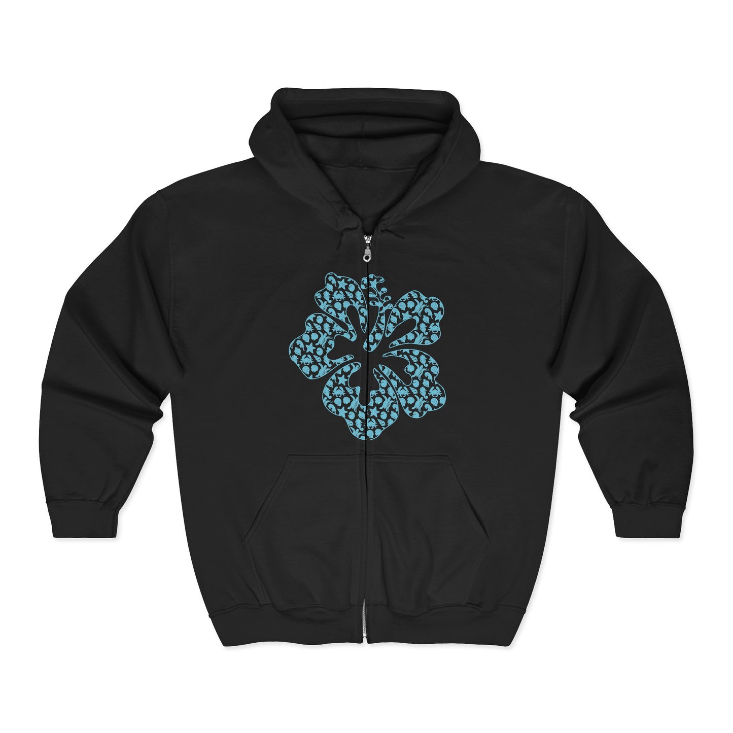 Black full zip hoodie with a stylized hibiscus graphic design - Island Drops hoodie collection | Unisex zipper hoodie