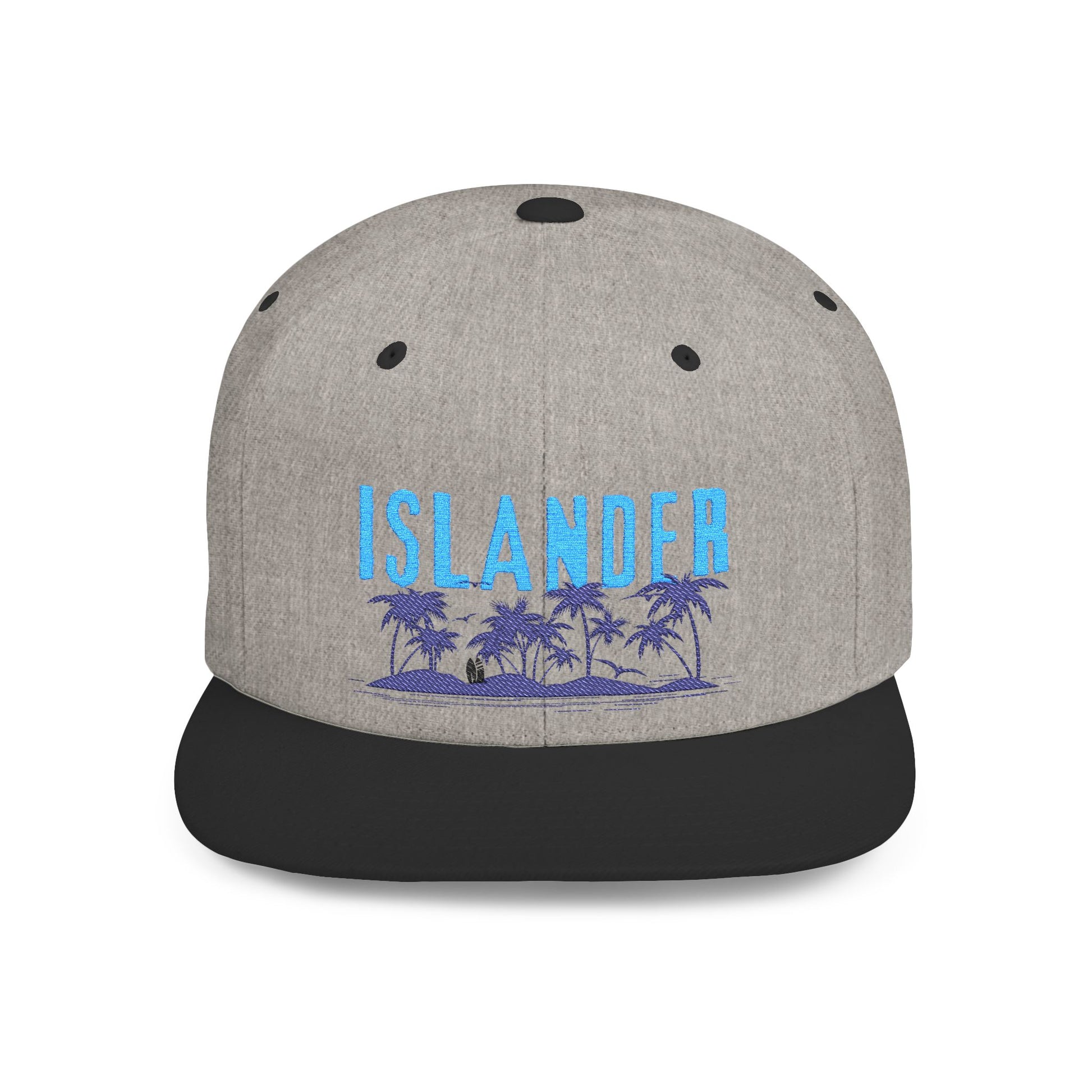 Gray and black cap with 'ISLANDER' text and palm trees and island graphic design - Island Drops hat collection | Unisex snapback cap