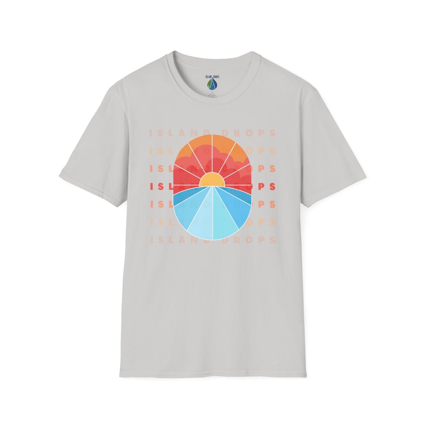 Gray t-shirt  with 'ISLAND DROPS' text behind a graphic sunset - Island Drops t-shirt collection | Unisex t-shirts