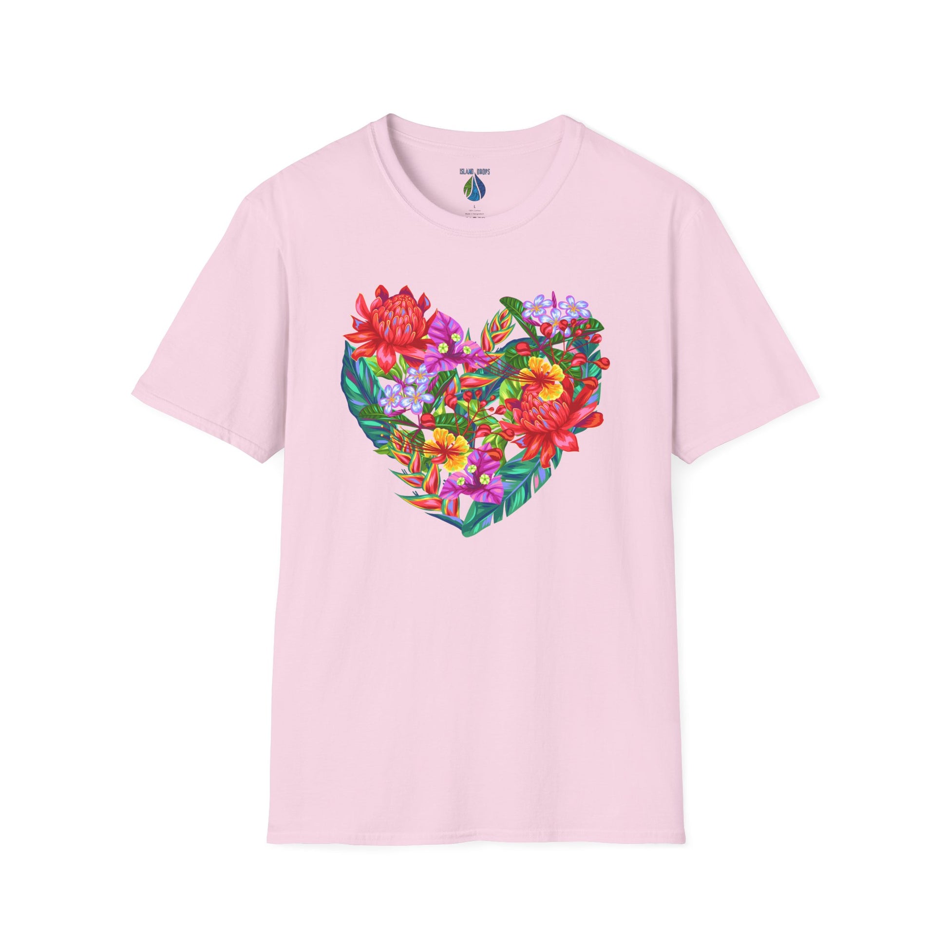 Pink t-shirt with floral heart graphic design - Island Drops t-shirt collection | Unisex t-shirts